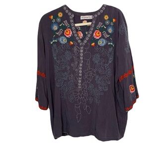 St. Lareina Large Blue Gray Multicolor Floral Embroidered Boho Festival Top